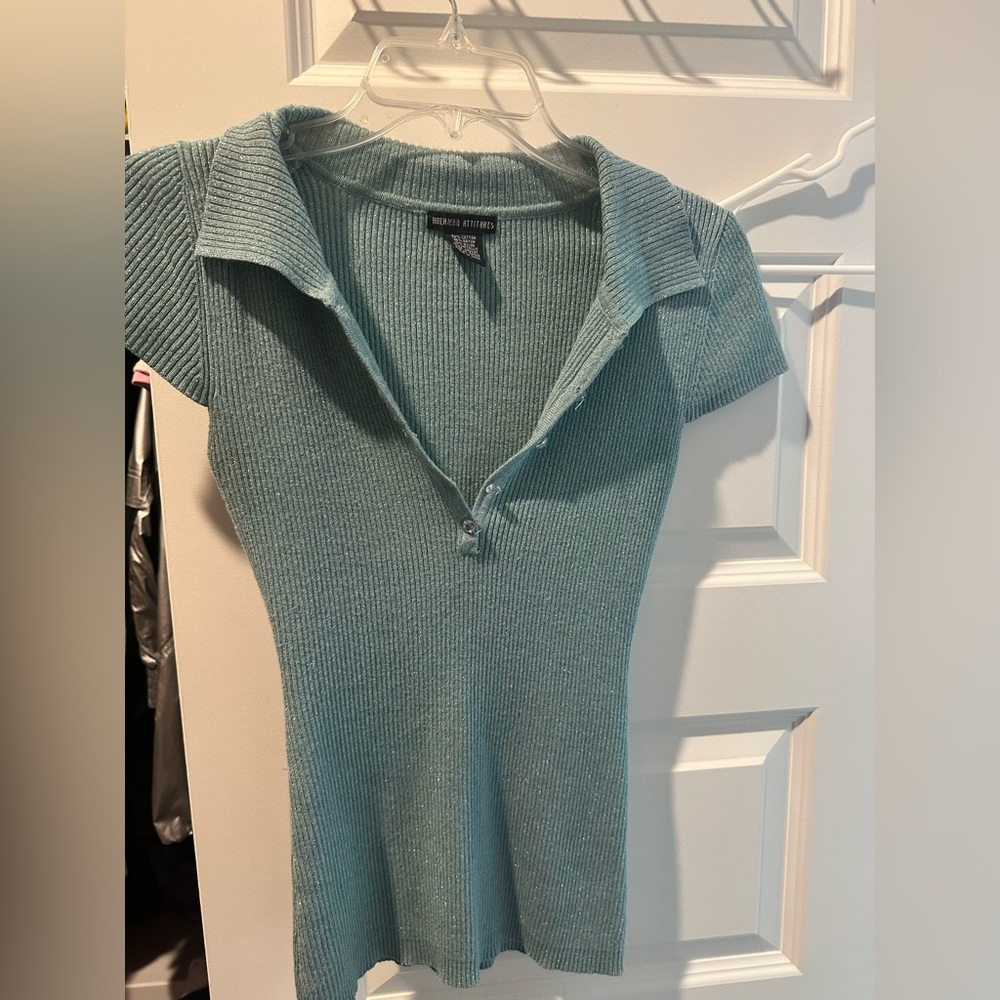 Blue Glitter Sweater with Rhinestone Buttons